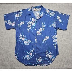 Vintage Malihini Hawaii Shirt Mens Medium Blue Floral Orchid Hawaiian Cotton 90s